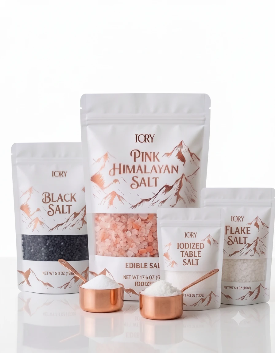 IORY Pink Himalayan, Black, Iodized, and Flake Salt packaging