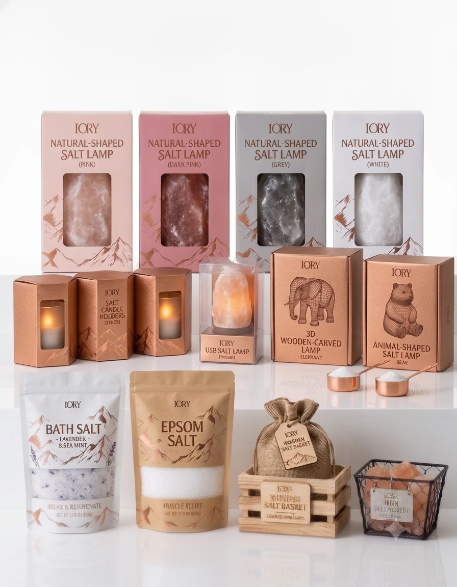 IORY salt lamps, candle holders, bath salt, Epsom salt, and salt baskets