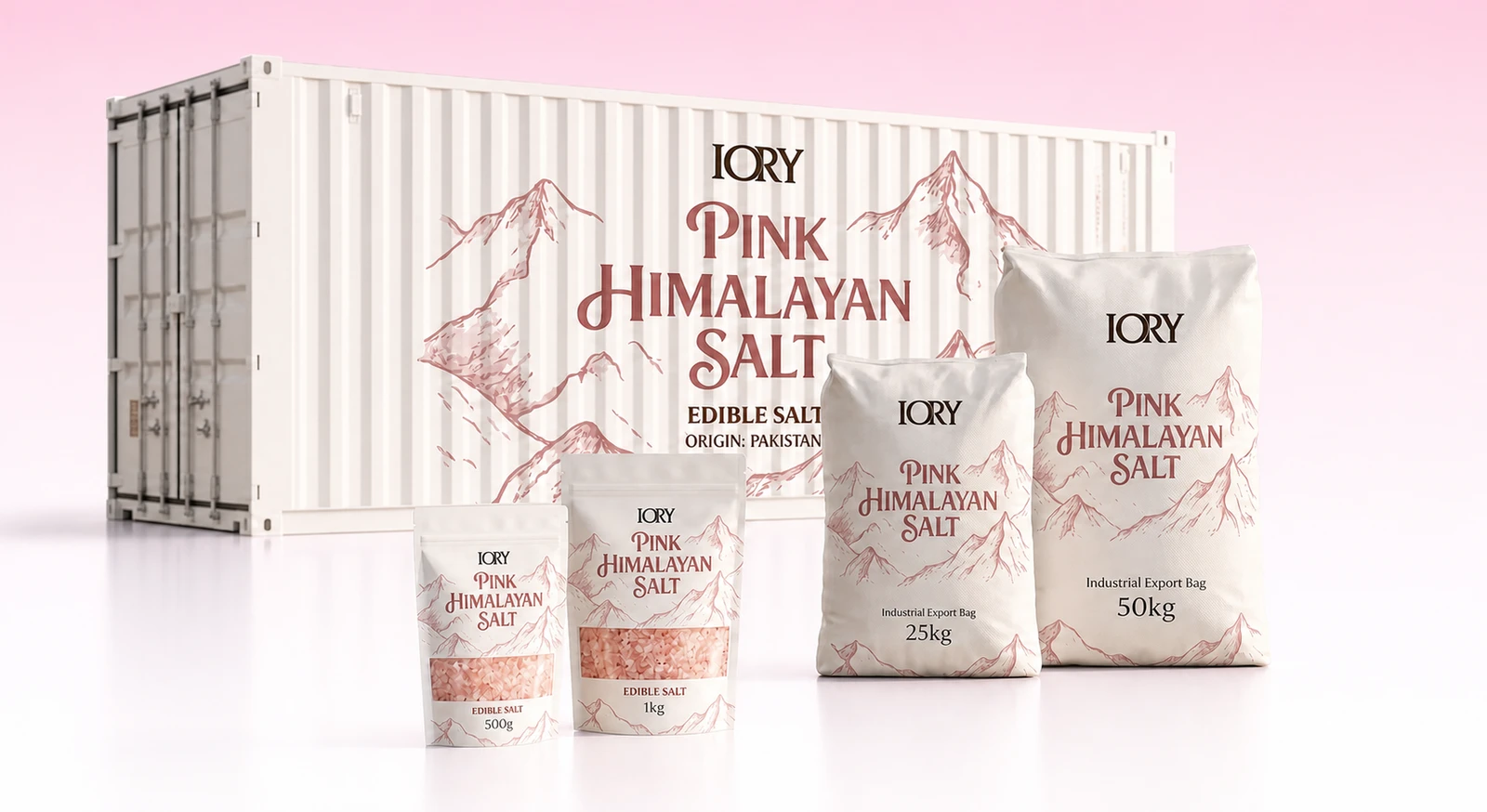 IORY-branded Pink Himalayan Salt packaging, from pouches to industrial export bags