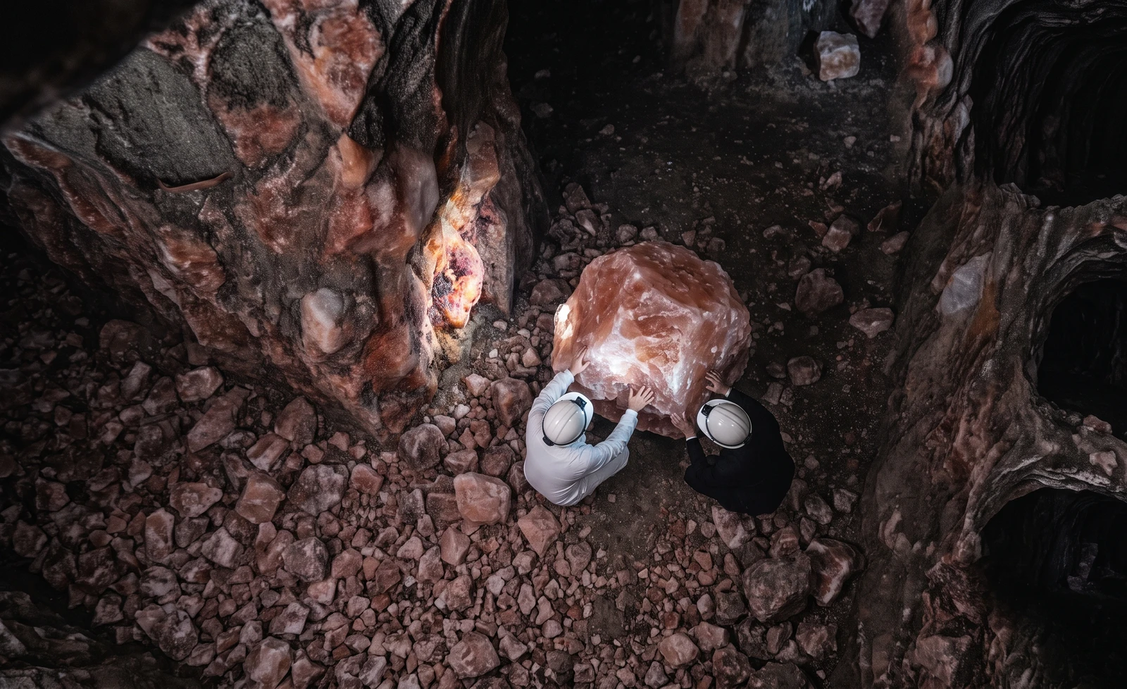 Two IORY partners lifting a raw Himalayan salt boulder inside the mine