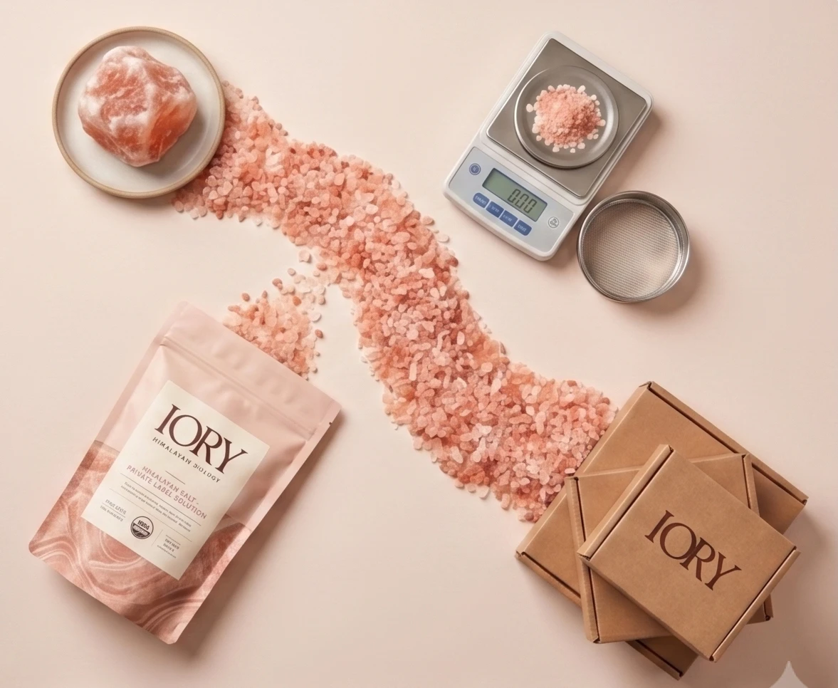 IORY Himalayan salt supply chain: raw rock salt, weighing and sifting, and finished private label packaging
